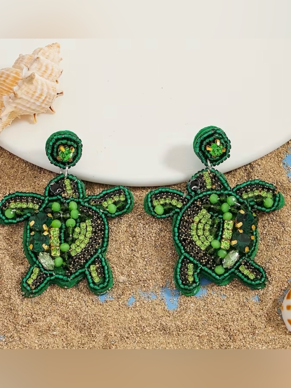 NWT Green Beaded Turtle Statement Earrings, Summer Earrings